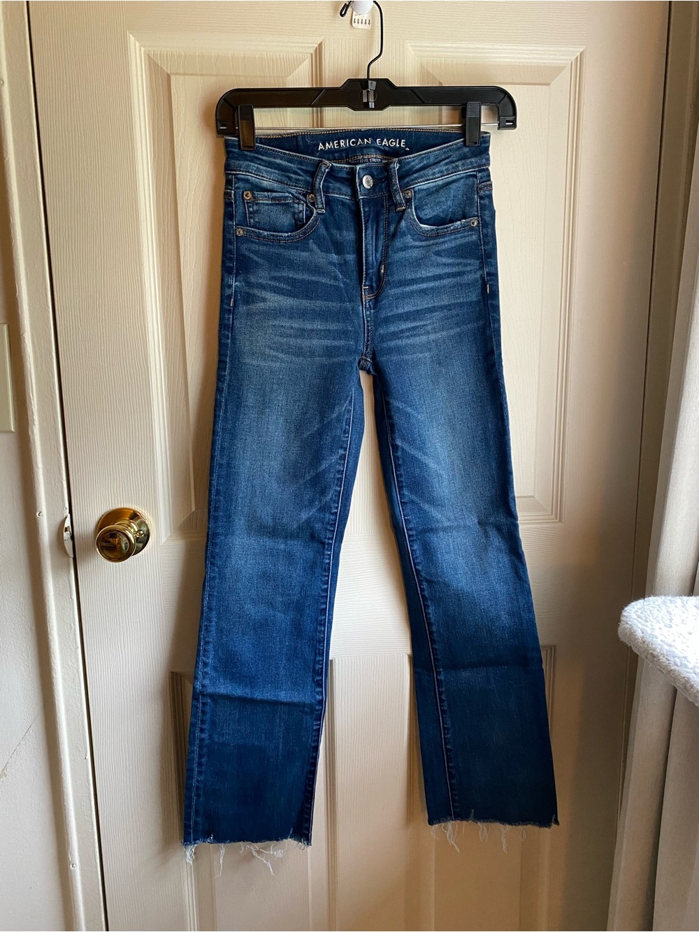 American Eagle Outfitters Distressed Dark Blue Hi Rise Crop Flare Jeans